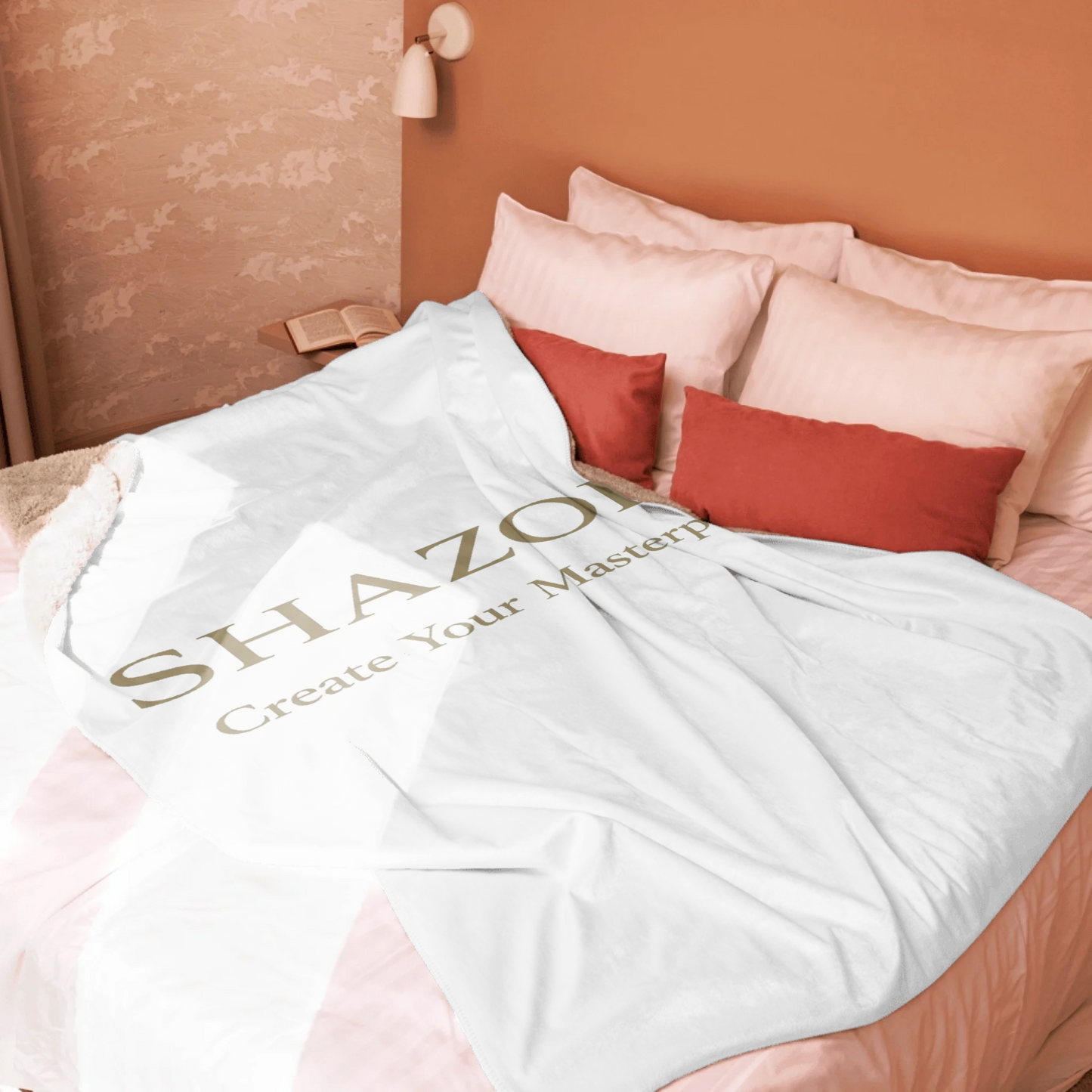 Custom sublimated sherpa blanket alternate angle — Shazory Creator Studio personalized print