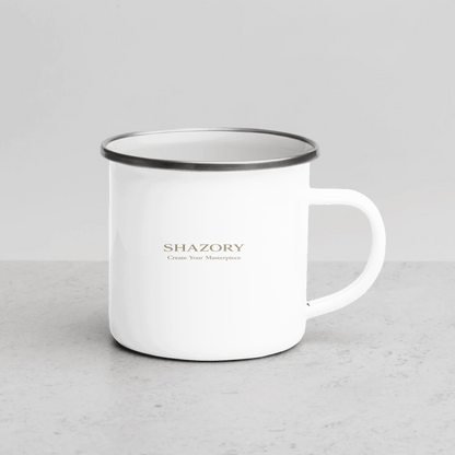 Close-up detail of custom photo print on enamel mug — mug surface texture
