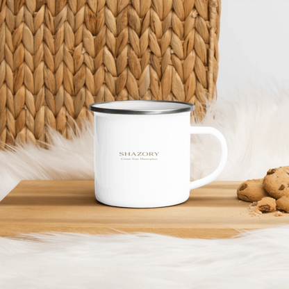 Lifestyle styling of personalized enamel mug — camping mug ready for daily use