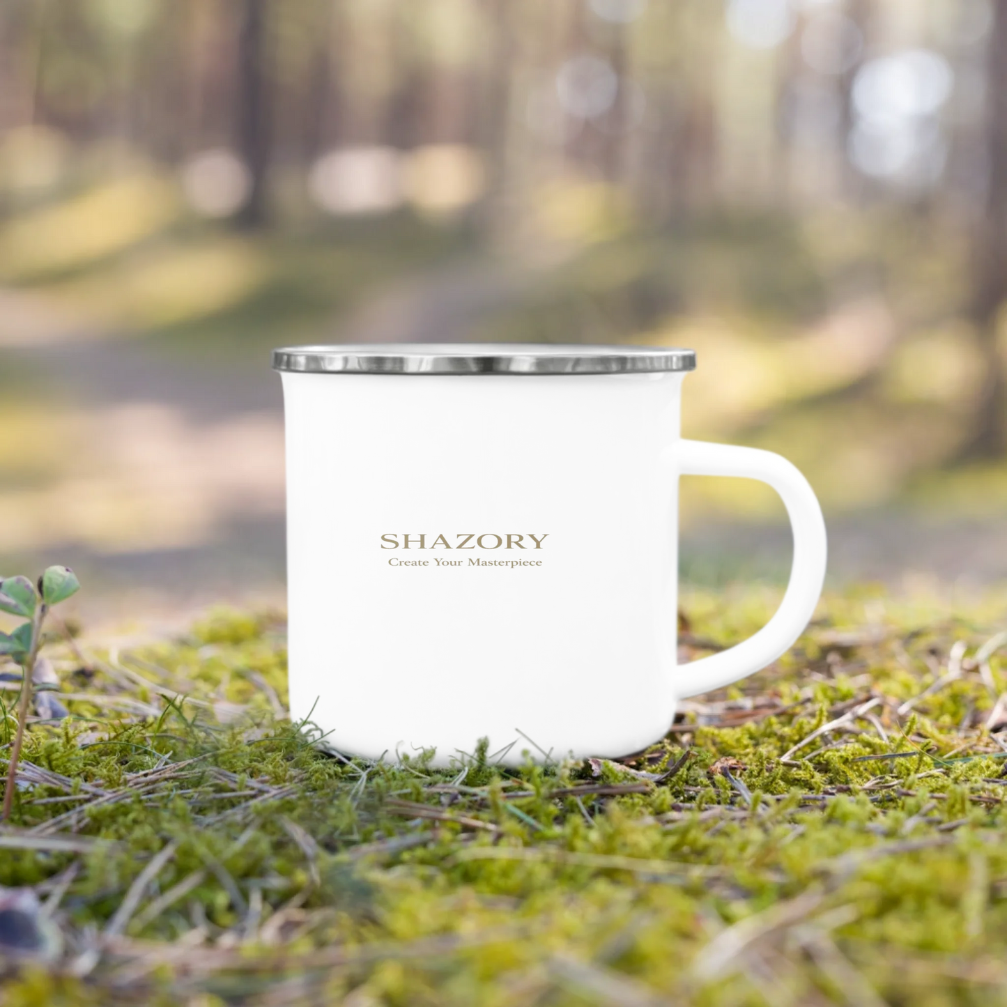 Alternate angle of custom enamel mug — personalized design with camping mug