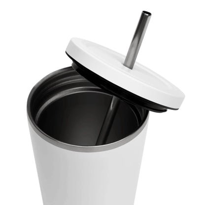 Alternate angle of custom insulated tumbler with straw — personalized design with tumbler