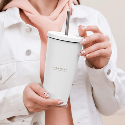 Lifestyle styling of personalized insulated tumbler with straw — tumbler ready for daily use