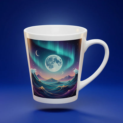Close-up detail of custom photo print on latte mug — mug surface texture
