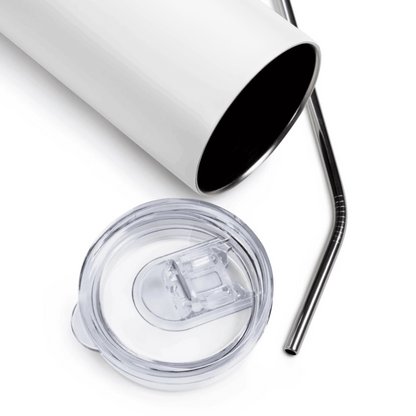 Close-up detail of custom photo print on stainless steel tumbler with straw — fitness gift surface texture