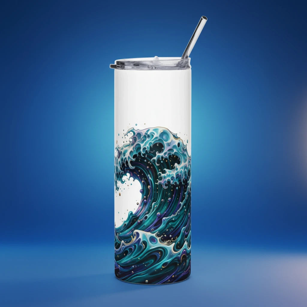 Alternate angle of custom stainless steel tumbler with straw — personalized design with tumbler