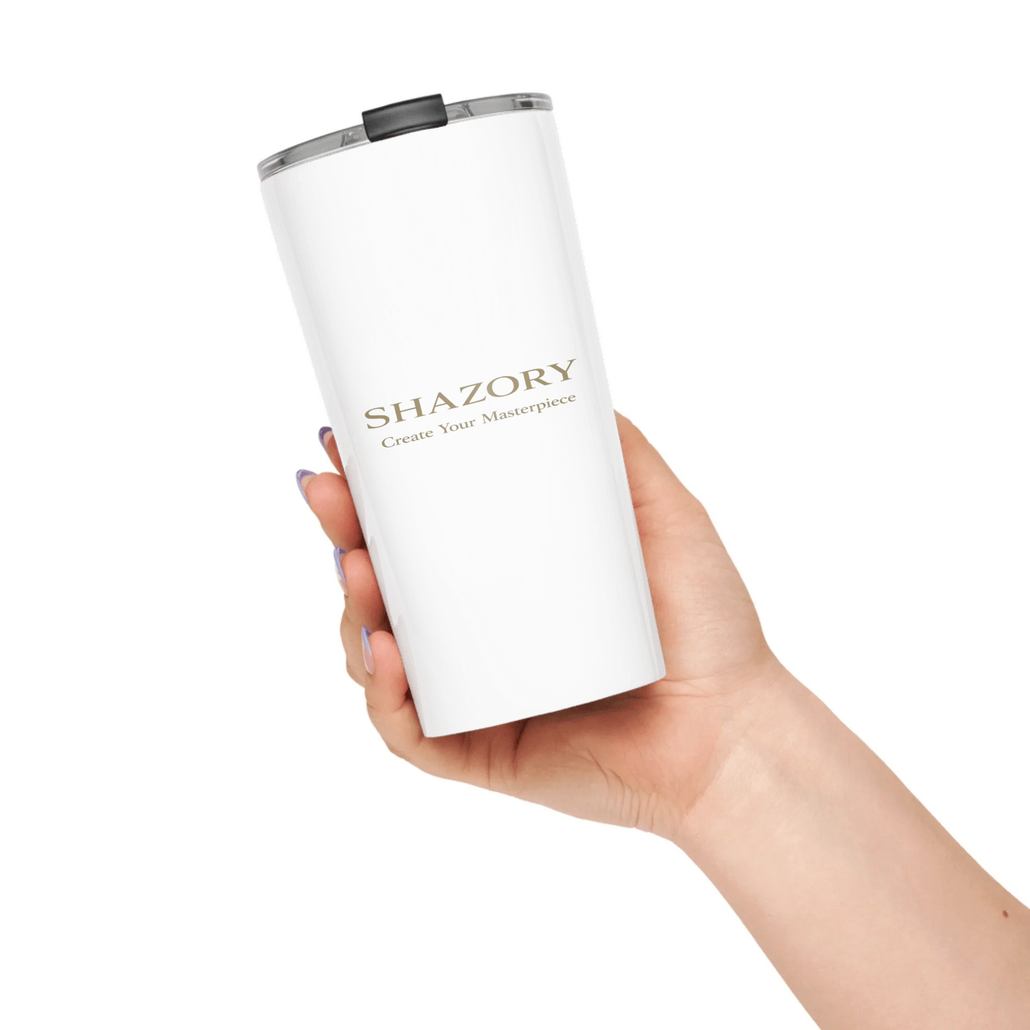 Lifestyle styling of personalized stainless steel tumbler — coffee gift ready for daily use