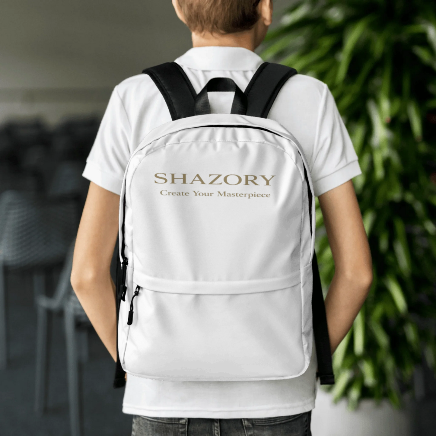 Close-up detail of custom photo print on all-over backpack — everyday bag surface texture