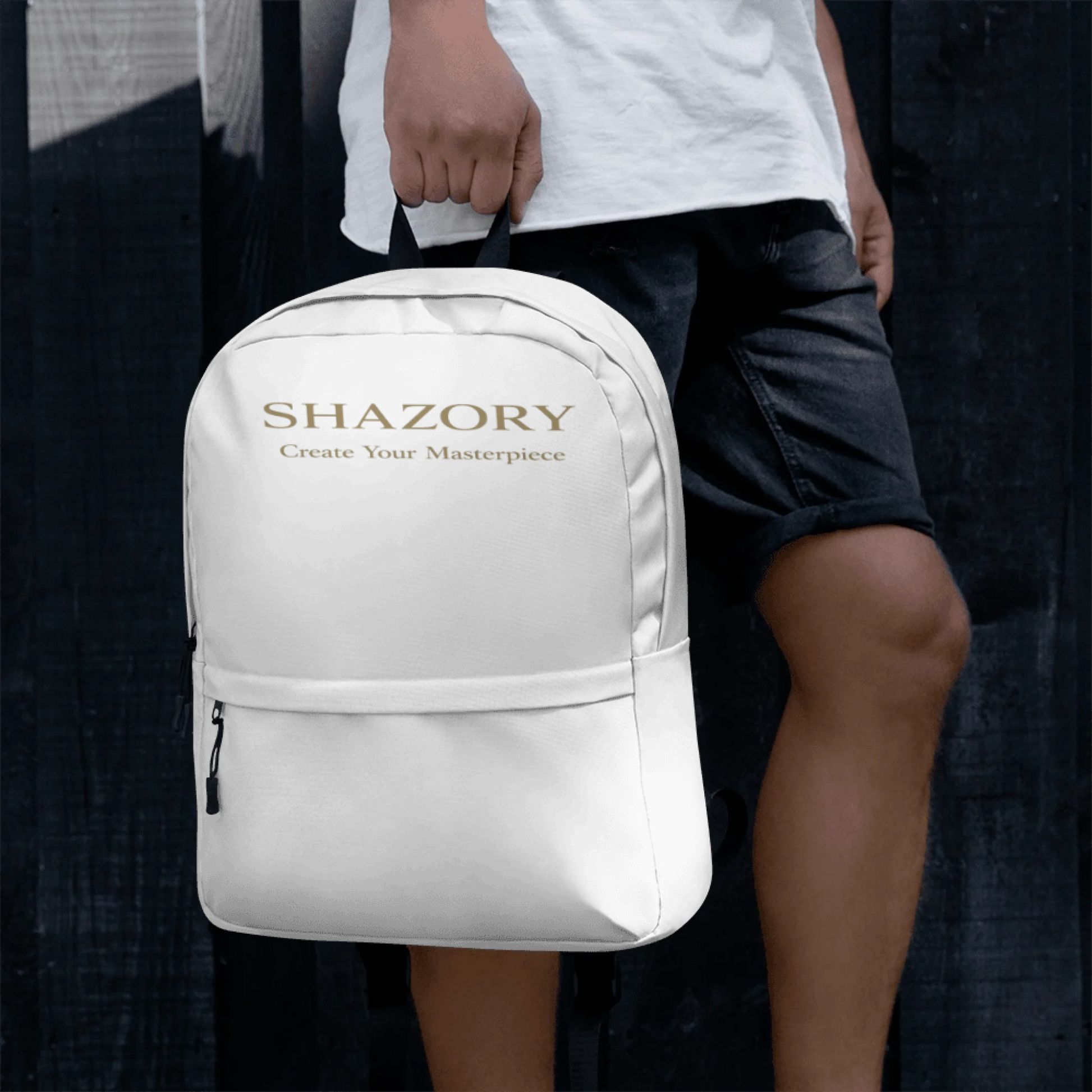 Lifestyle styling of personalized all-over backpack — all-over print backpack ready for daily use