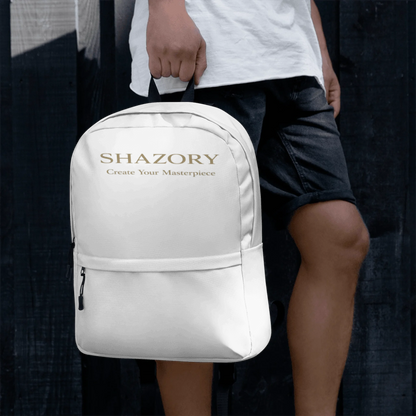 Lifestyle styling of personalized all-over backpack — all-over print backpack ready for daily use