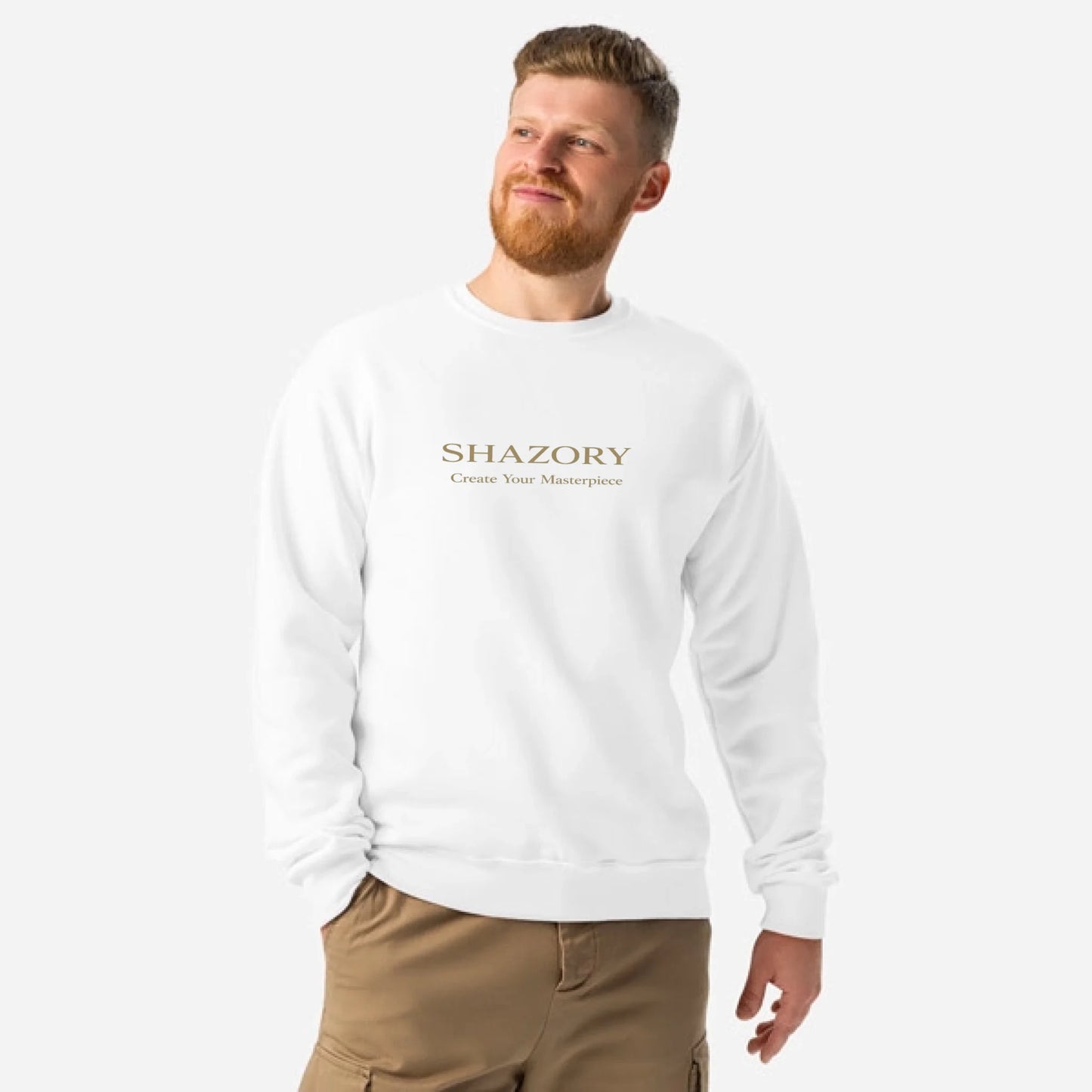 Close-up detail of custom photo print on crewneck sweatshirt — loungewear surface texture