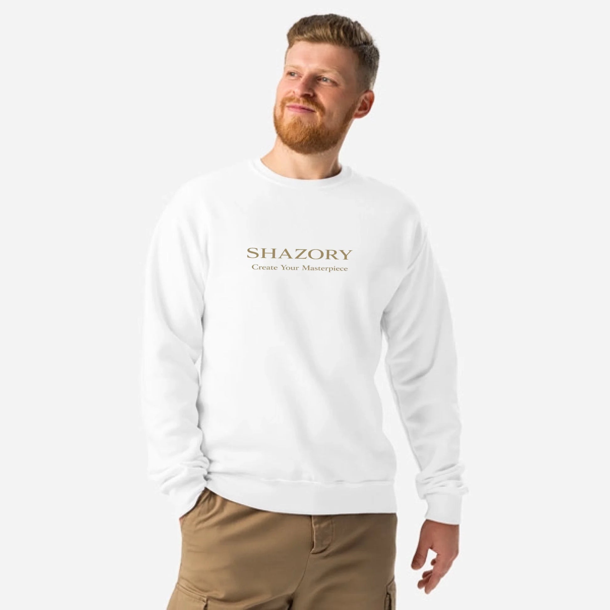 Close-up detail of custom photo print on crewneck sweatshirt — loungewear surface texture