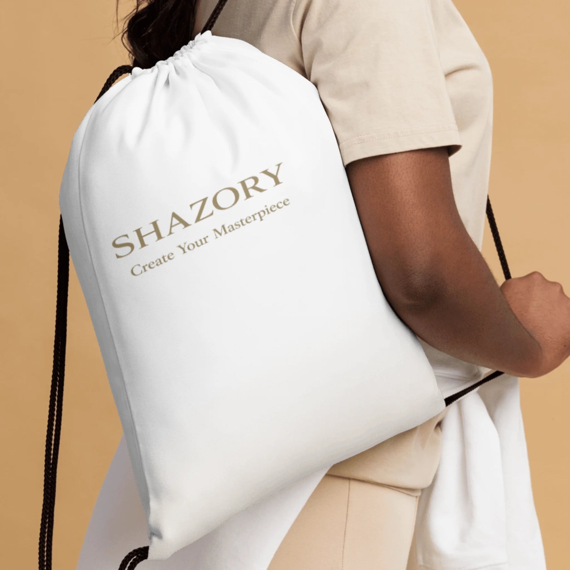 Front view of personalized all-over drawstring bag — drawstring bag for everyday use