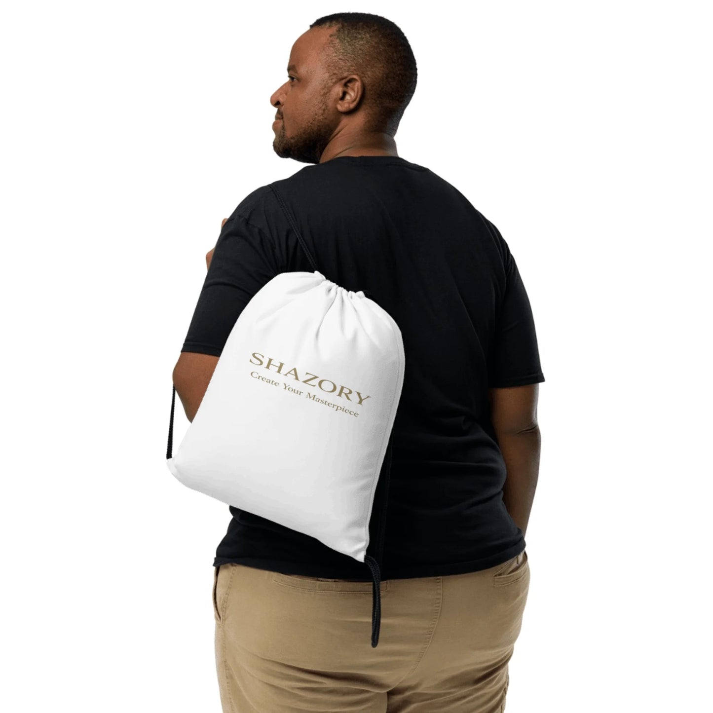 Lifestyle styling of personalized all-over drawstring bag — all-over print bag ready for daily use