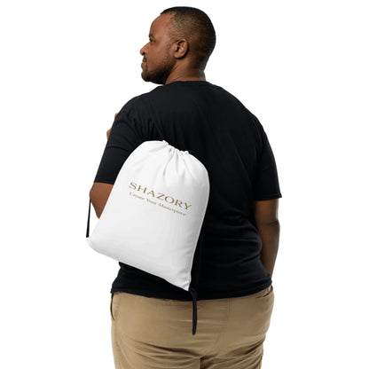 Lifestyle styling of personalized all-over drawstring bag — all-over print bag ready for daily use
