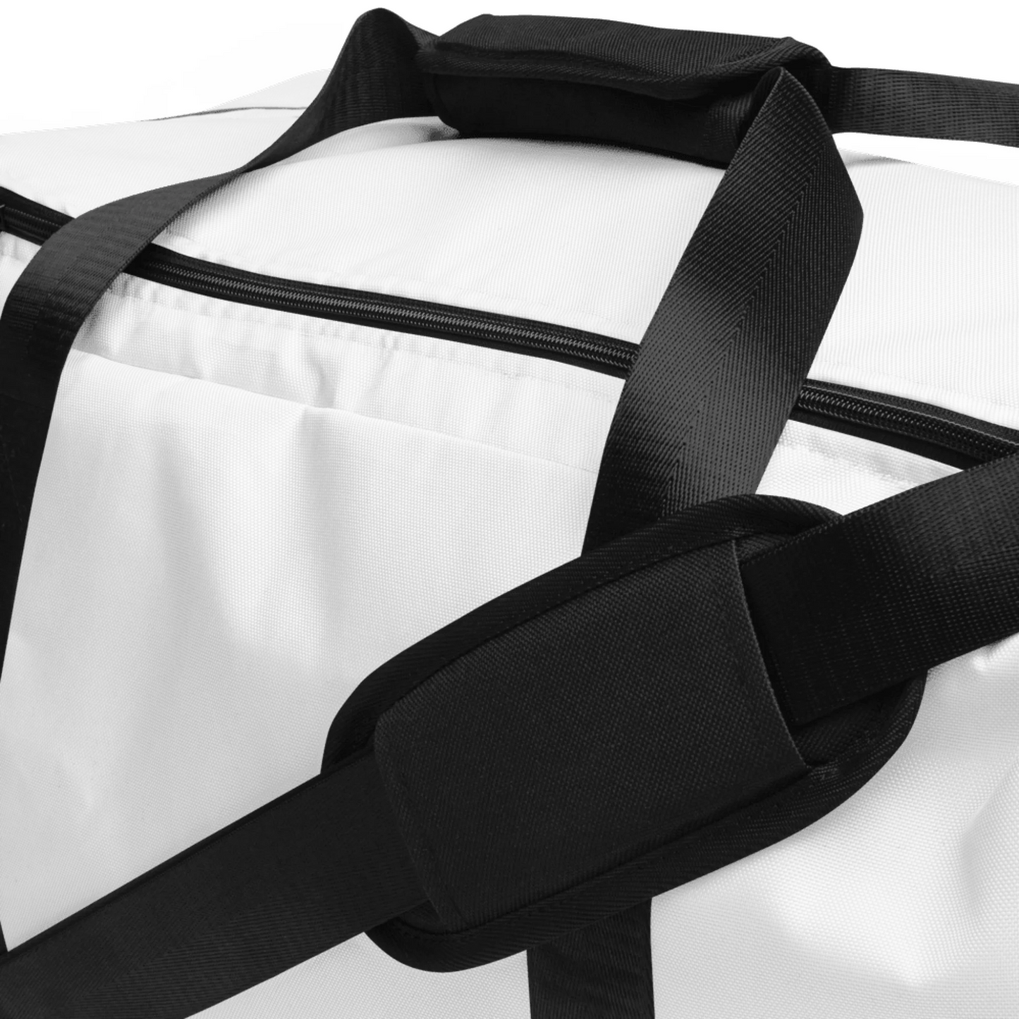 Lifestyle styling of personalized all-over duffle bag — all-over print bag ready for daily use