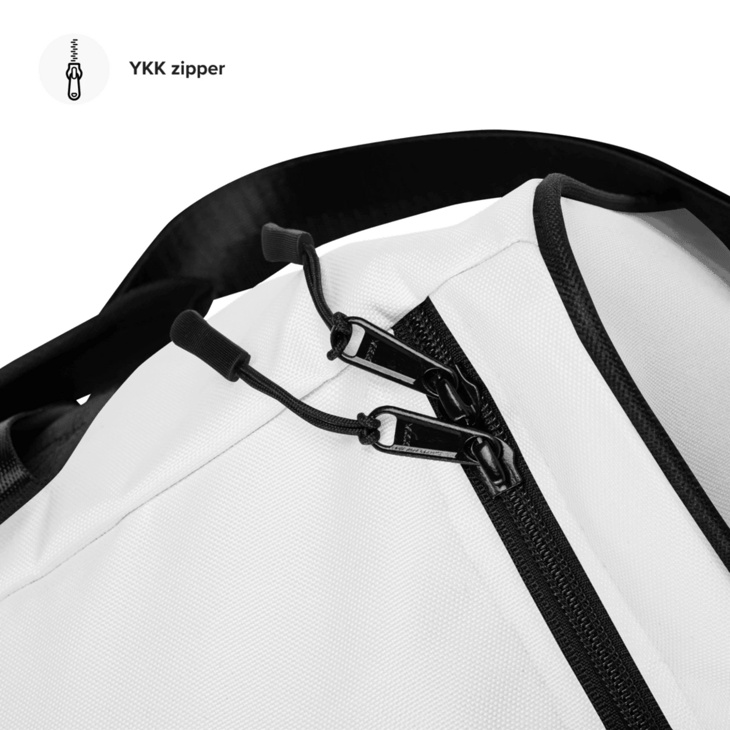 Detail shot of personalized all-over duffle bag — fade-resistant photo or design print