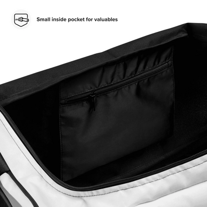 Back view of personalized all-over duffle bag — custom all-over print bag print quality