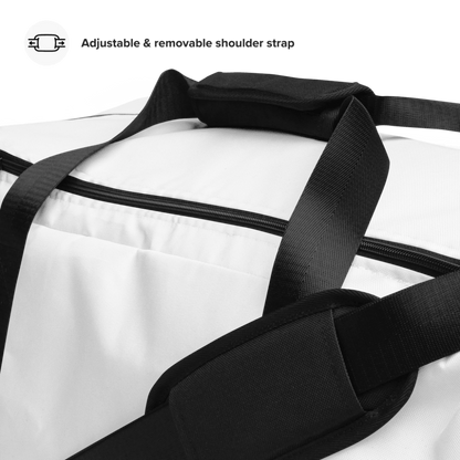 Top view of custom all-over duffle bag — personalized photo design from Creator Studio