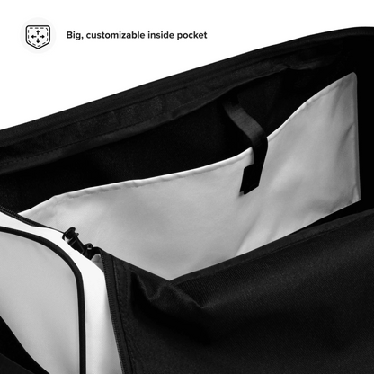 Custom all-over duffle bag alternate styling — personalized gym bag for any occasion