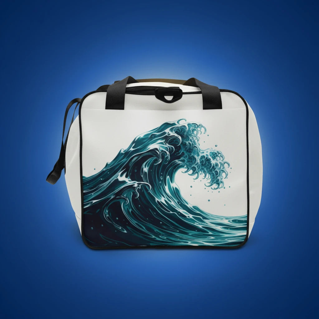 Close-up detail of custom photo print on all-over duffle bag — gym bag surface texture