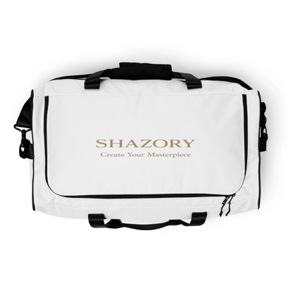 Detail texture macro of custom all-over duffle bag — premium gym bag finish