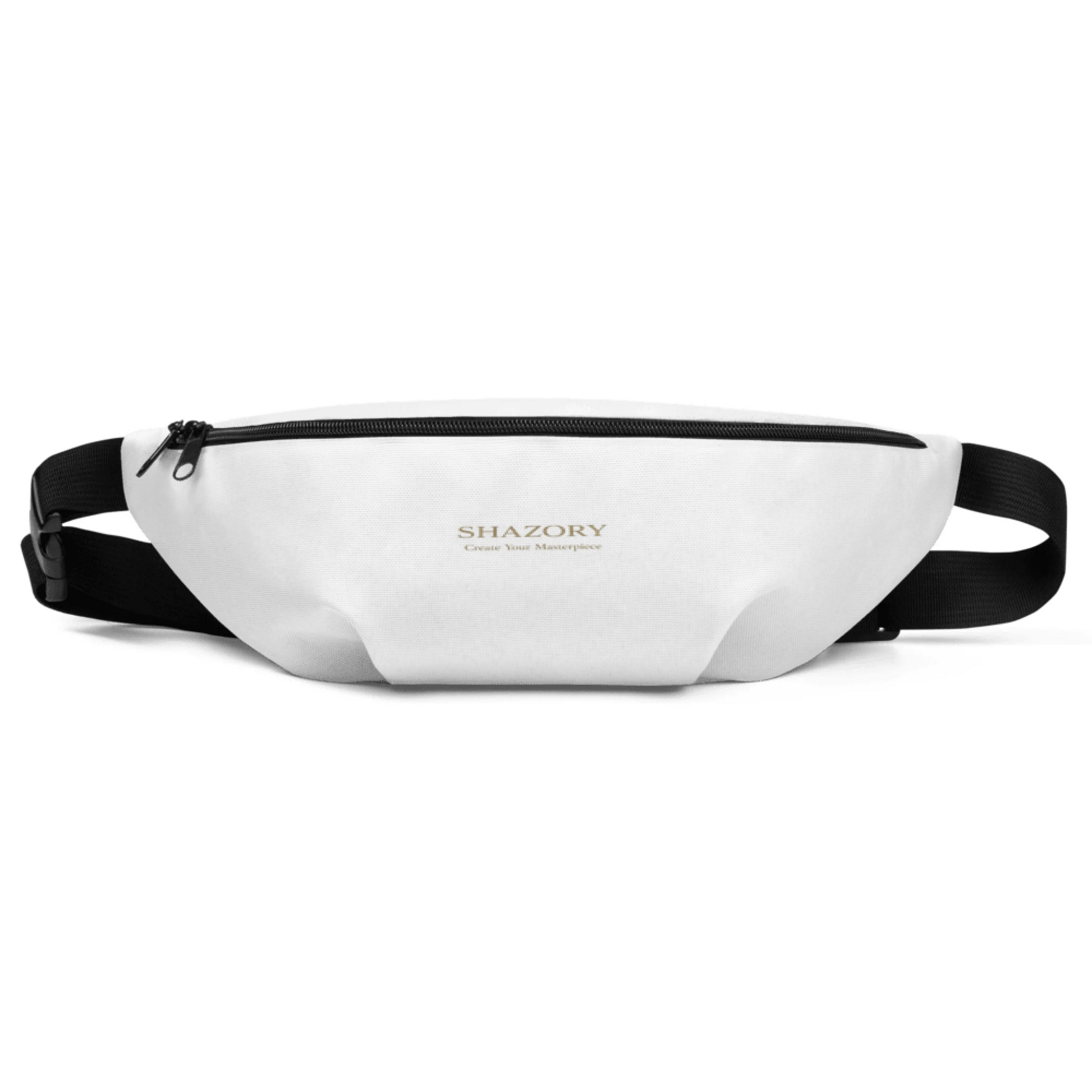 Lifestyle styling of personalized all-over fanny pack — all-over print bag ready for daily use