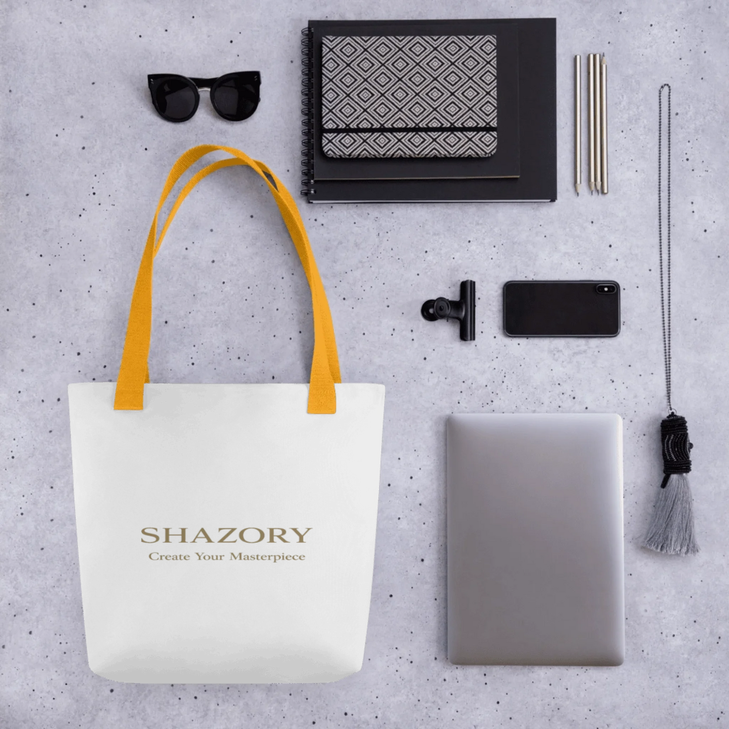 Lifestyle styling of personalized all-over tote bag — all-over print bag ready for daily use