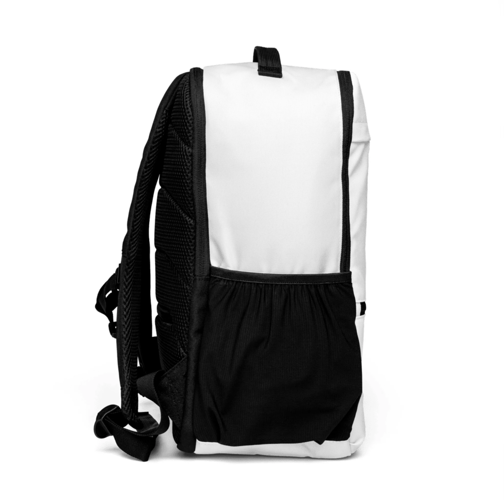 Close-up detail of custom photo print on utility backpack — outdoor backpack surface texture