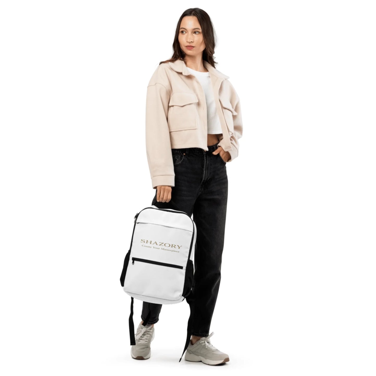 Lifestyle styling of personalized utility backpack — backpack ready for daily use