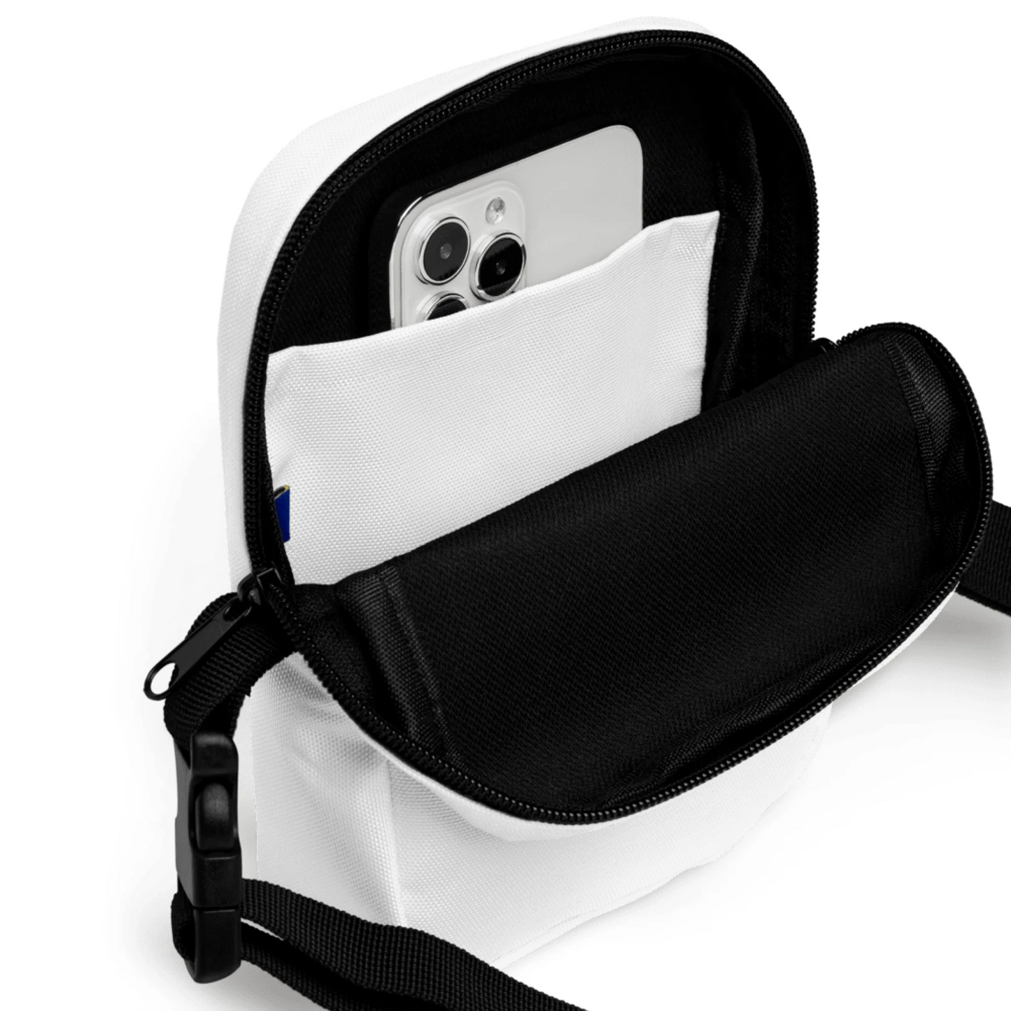 Close-up detail of custom photo print on utility crossbody bag — crossbody surface texture