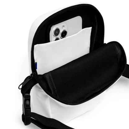 Close-up detail of custom photo print on utility crossbody bag — crossbody surface texture