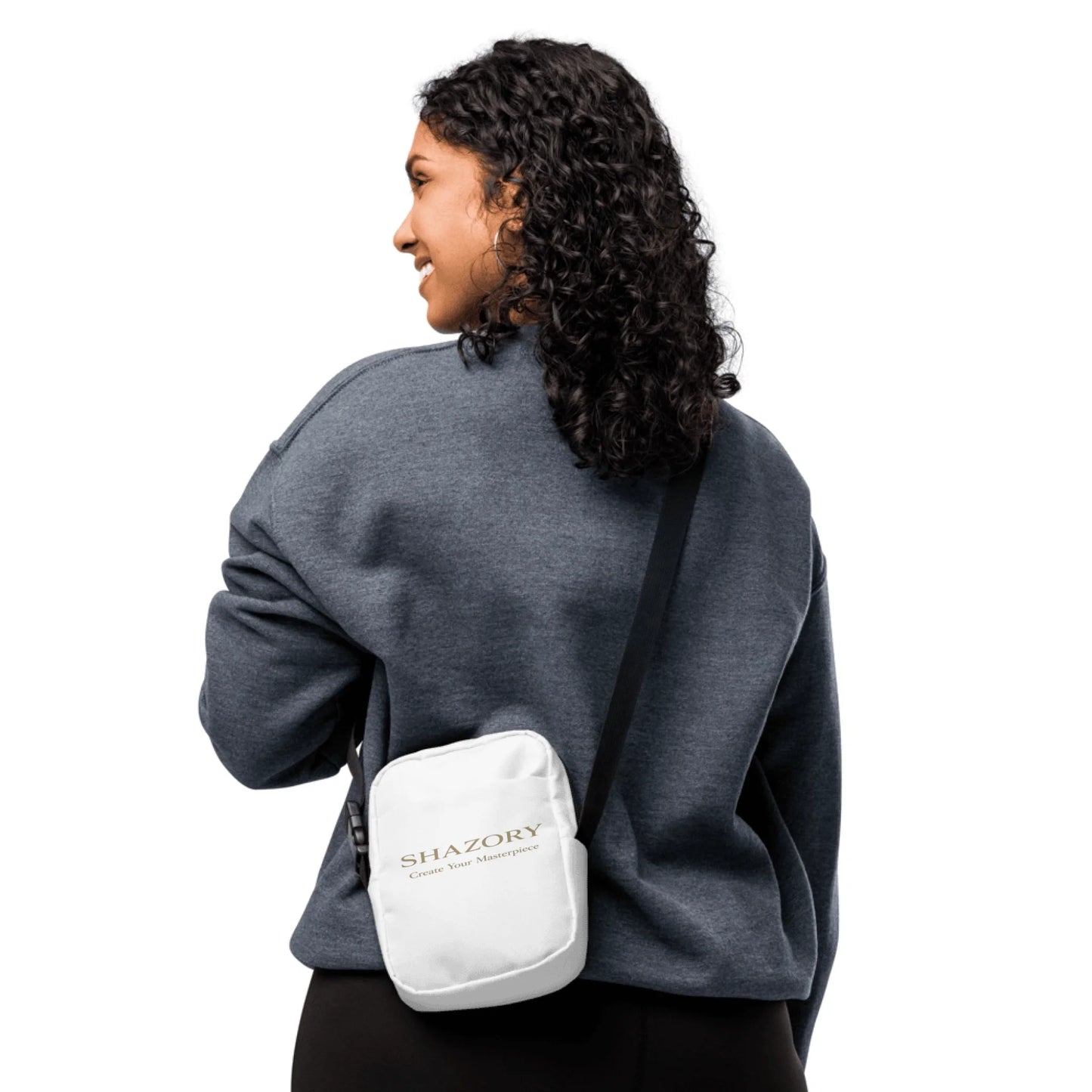 Lifestyle styling of personalized utility crossbody bag — crossbody bag ready for daily use