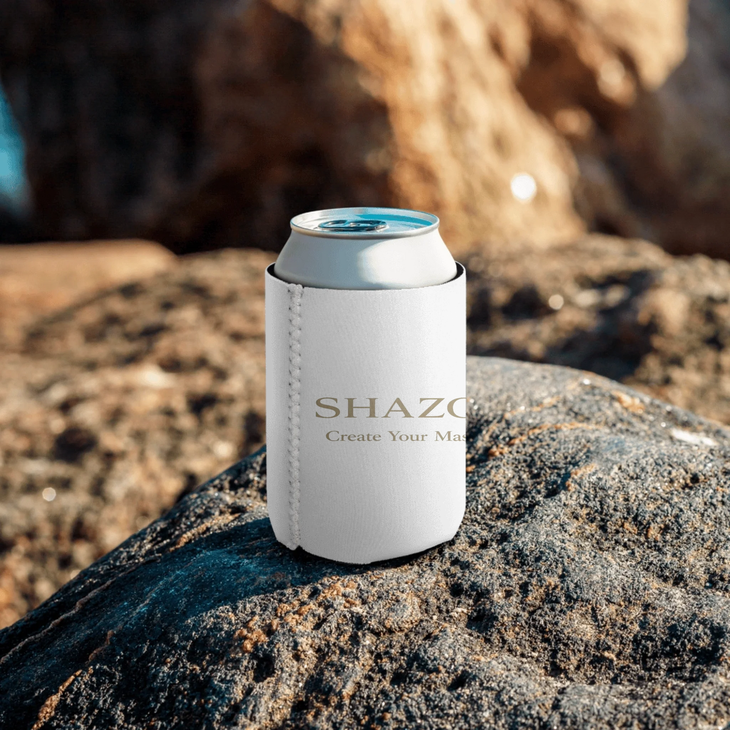 Lifestyle styling of personalized can cooler — bbq accessory ready for daily use