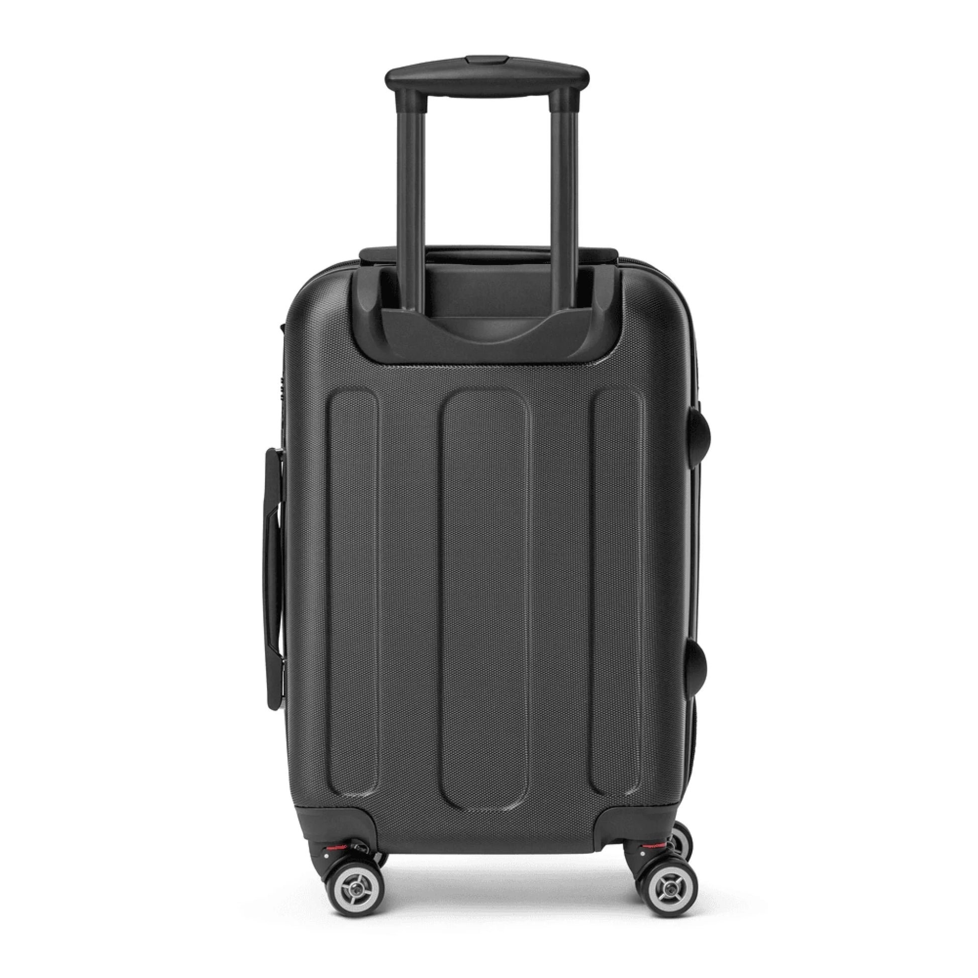 Back view of personalized suitcase — custom carry on luggage print quality