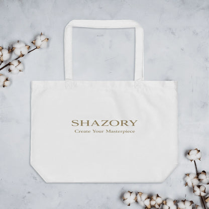 Lifestyle styling of personalized large eco tote — tote bag ready for daily use