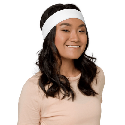 Lifestyle styling of personalized all-over print headband — all-over print ready for daily use
