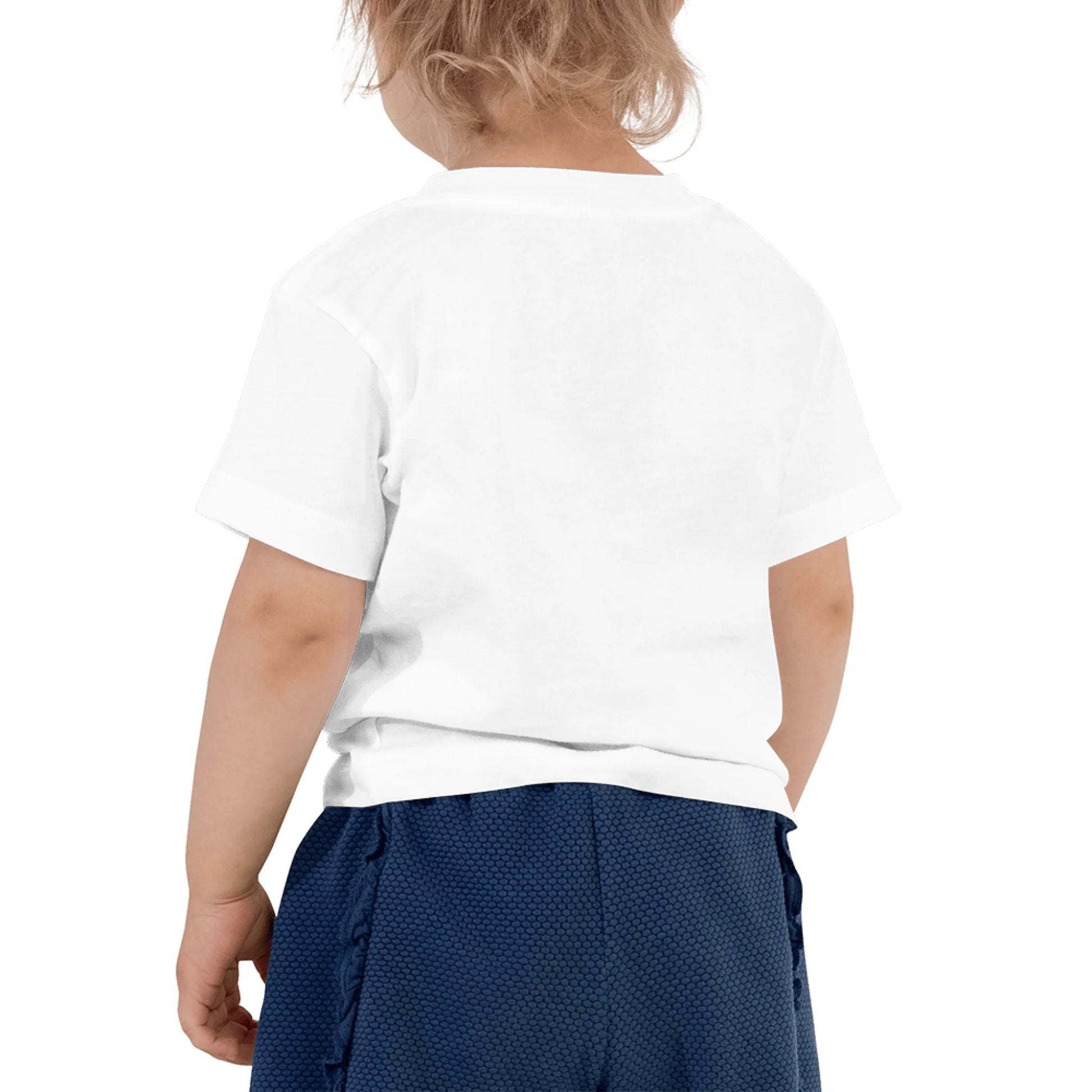 Close-up detail of custom photo print on toddler staple tee — combed cotton surface texture