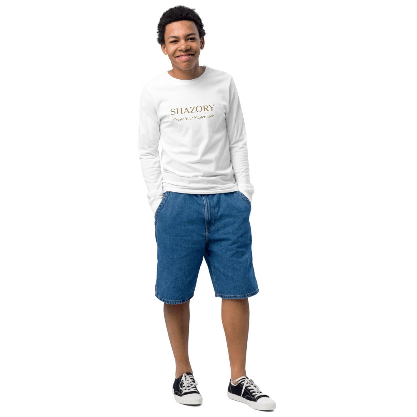 Lifestyle styling of personalized youth long sleeve tee — kids apparel ready for daily use