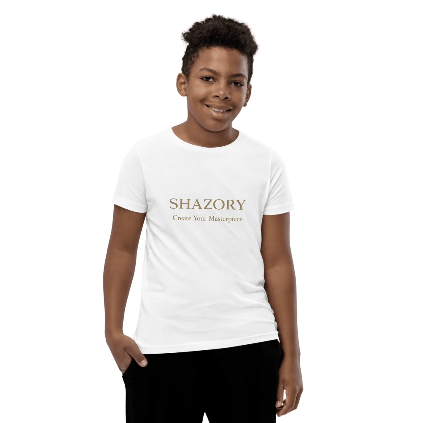 Lifestyle styling of personalized youth staple tee — kids apparel ready for daily use