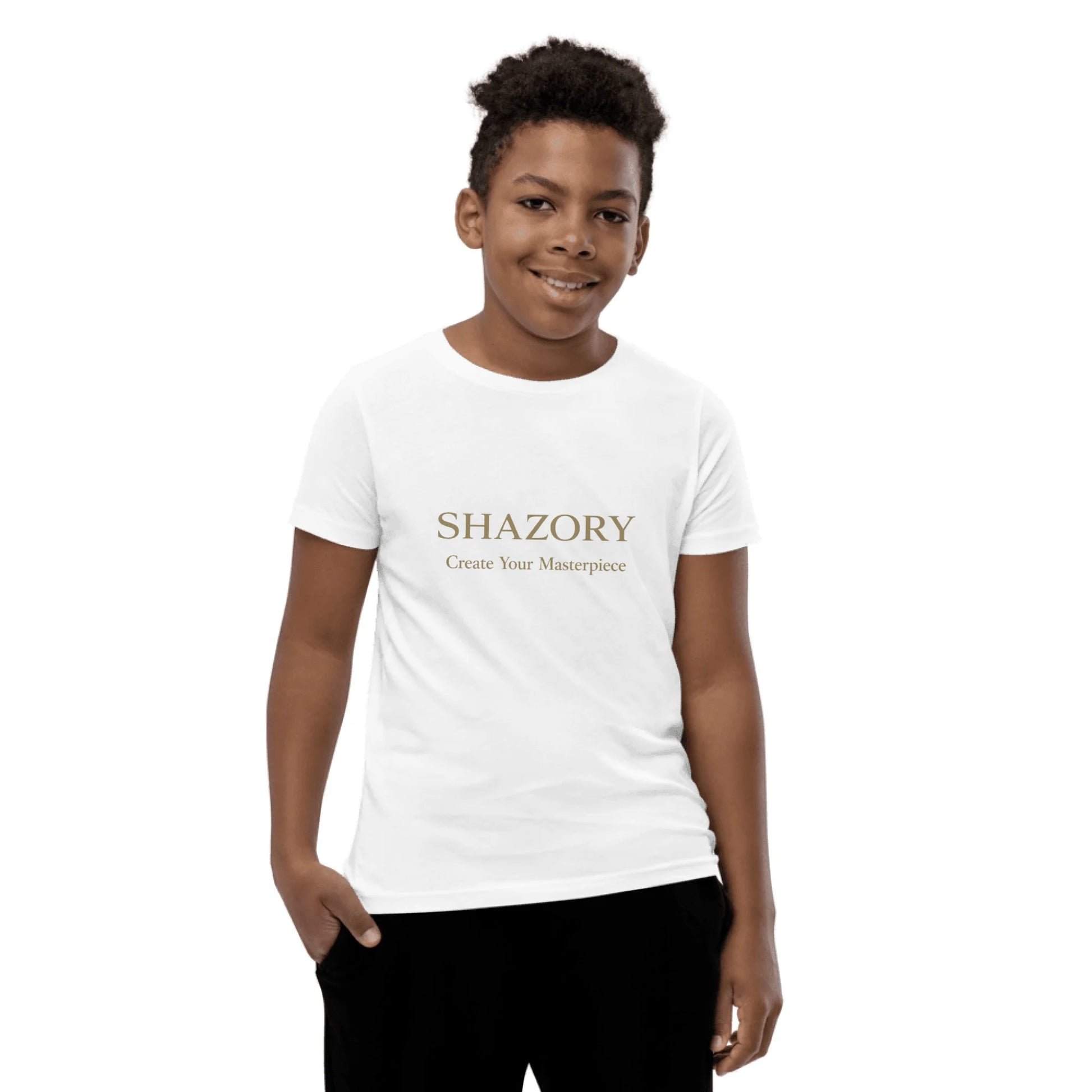 Lifestyle styling of personalized youth staple tee — kids apparel ready for daily use