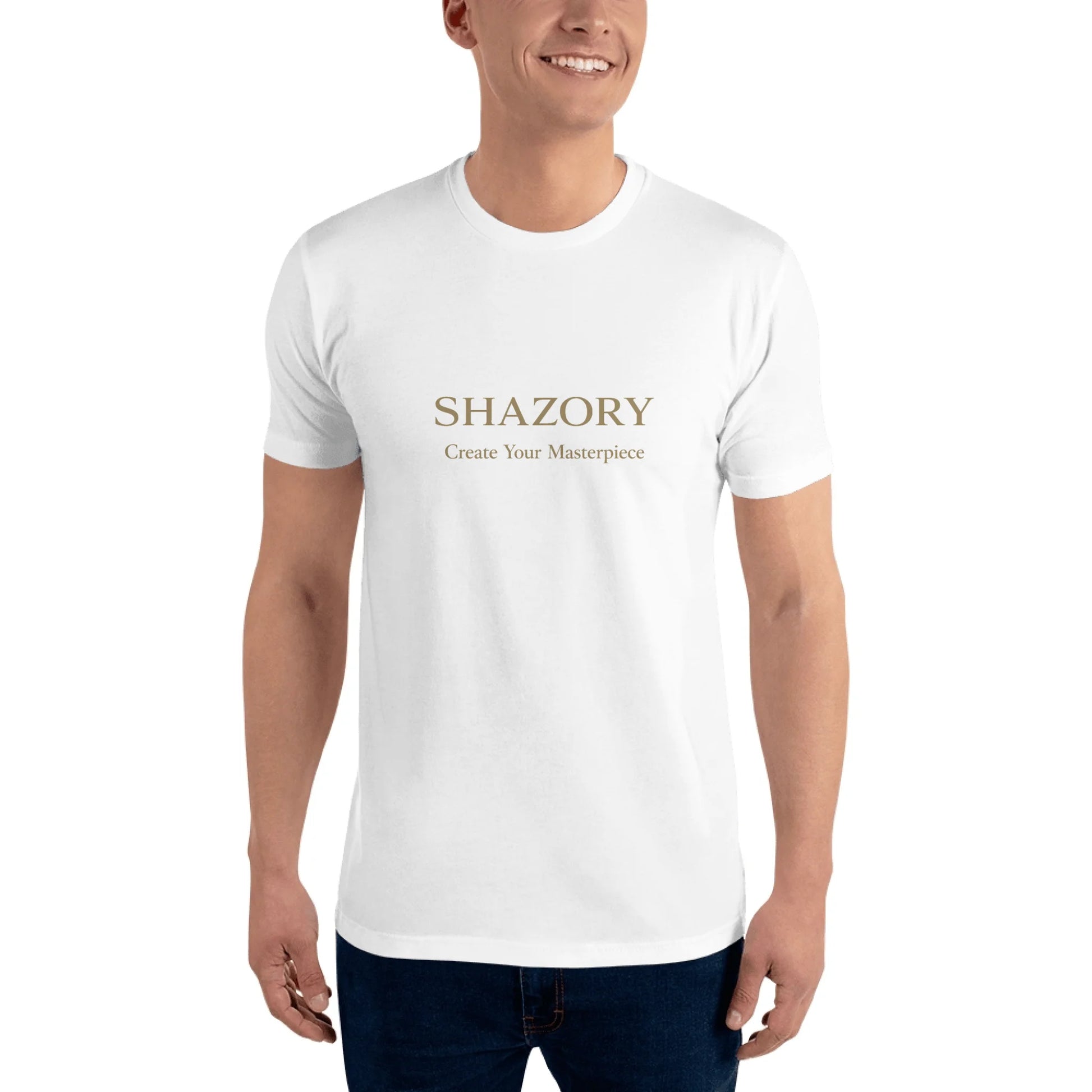 Close-up detail of custom photo print on men's fitted t-shirt — graphic tee surface texture