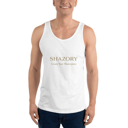 Close-up detail of custom photo print on men's staple tank top — graphic tank surface texture
