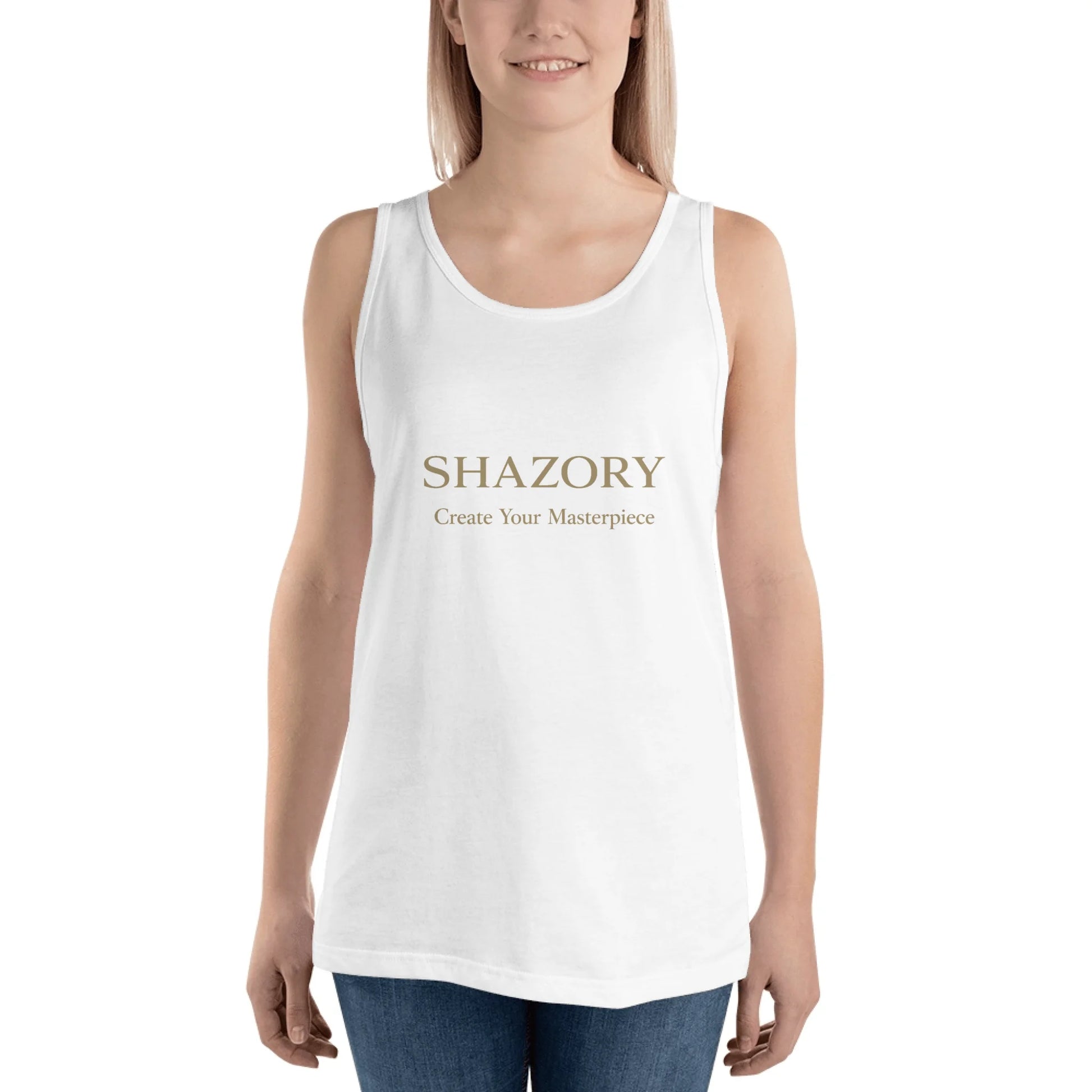 Lifestyle styling of personalized men's staple tank top — apparel ready for daily use