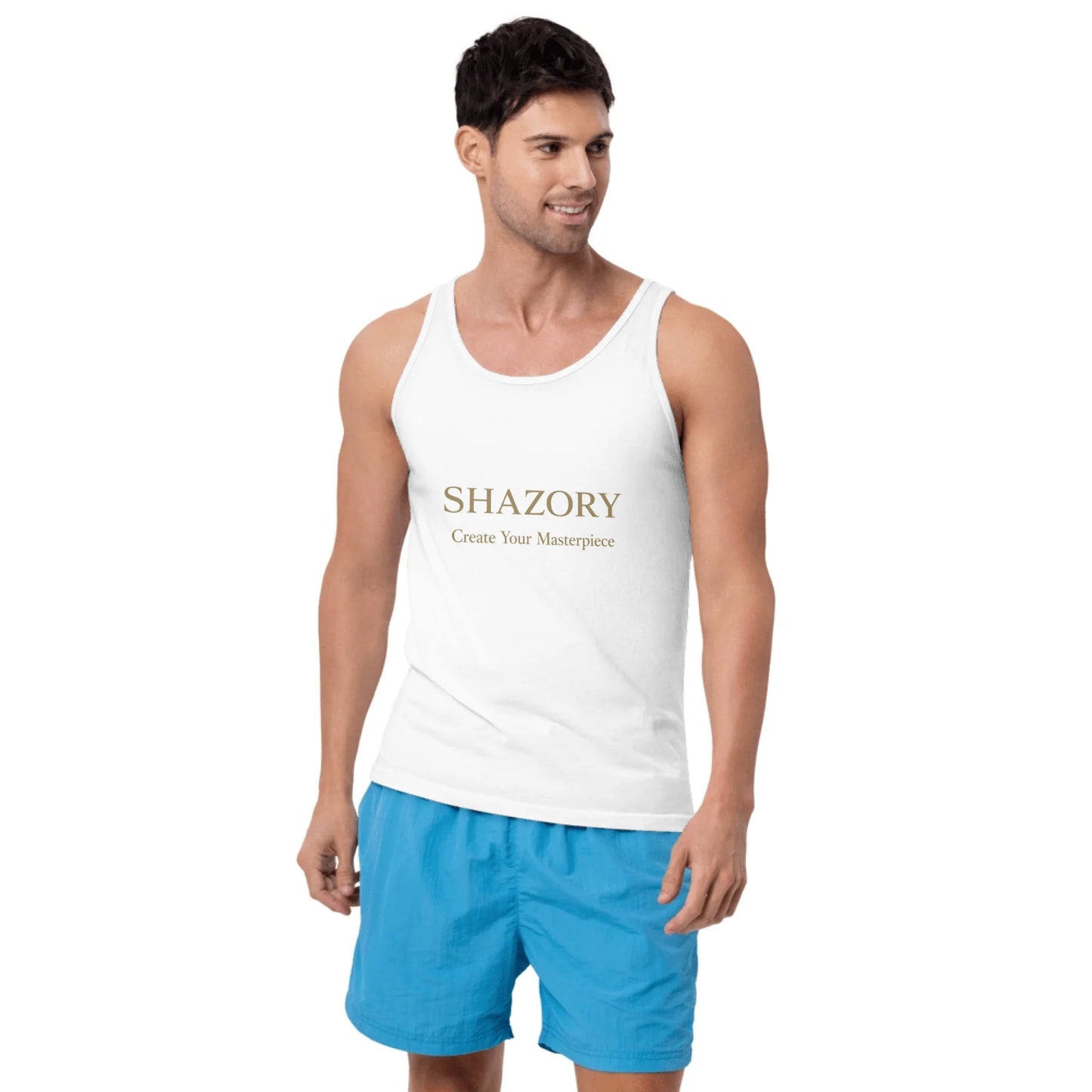 Detail texture macro of custom men's staple tank top — premium graphic tank finish