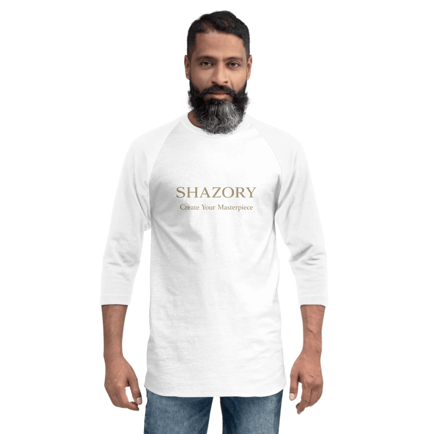 Lifestyle styling of personalized unisex 3/4 sleeve raglan shirt — apparel ready for daily use