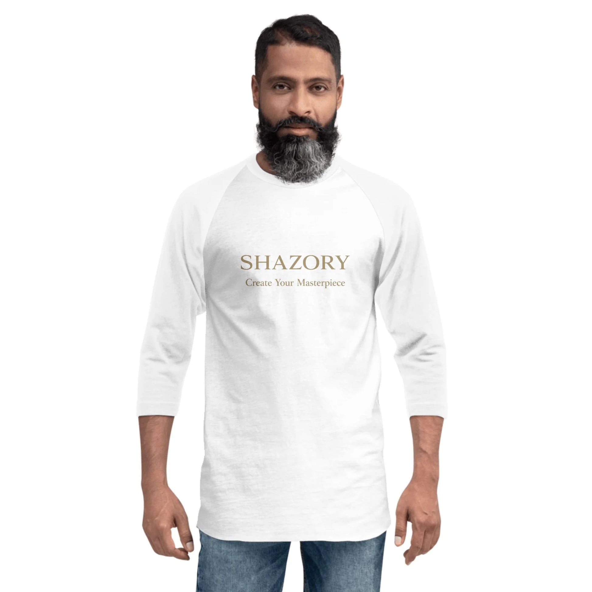 Lifestyle styling of personalized unisex 3/4 sleeve raglan shirt — apparel ready for daily use