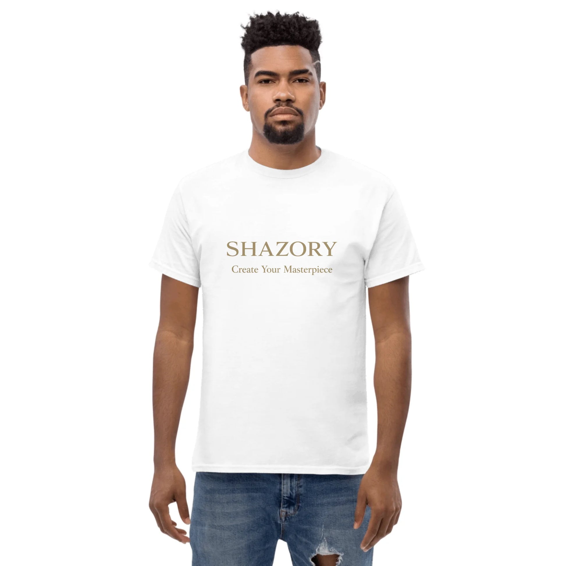 Lifestyle styling of personalized unisex classic tee — apparel ready for daily use