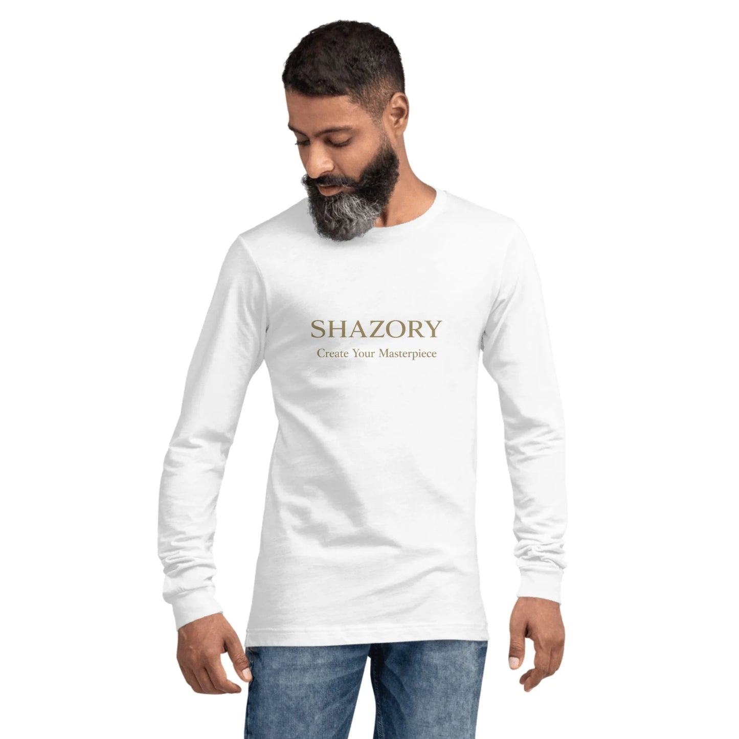 Lifestyle styling of personalized unisex long sleeve tee — apparel ready for daily use