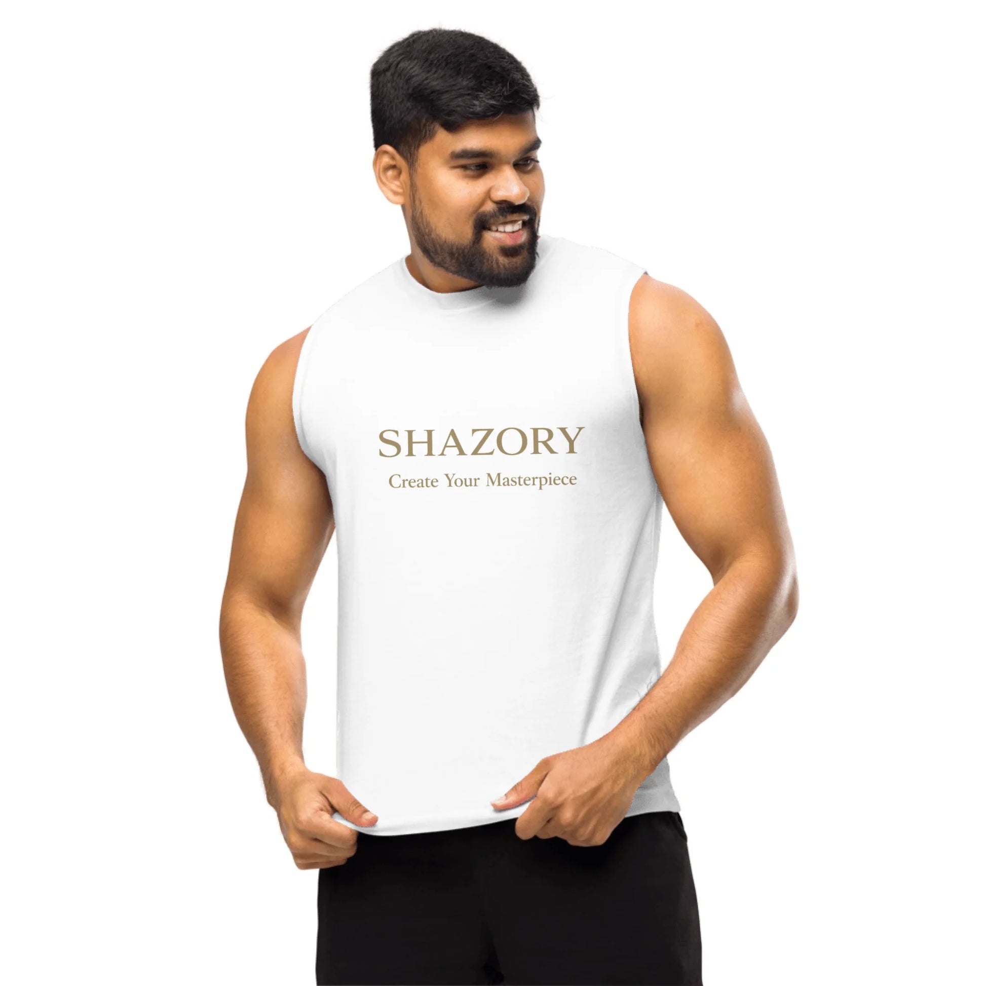 Front view of personalized unisex muscle shirt — apparel for everyday use
