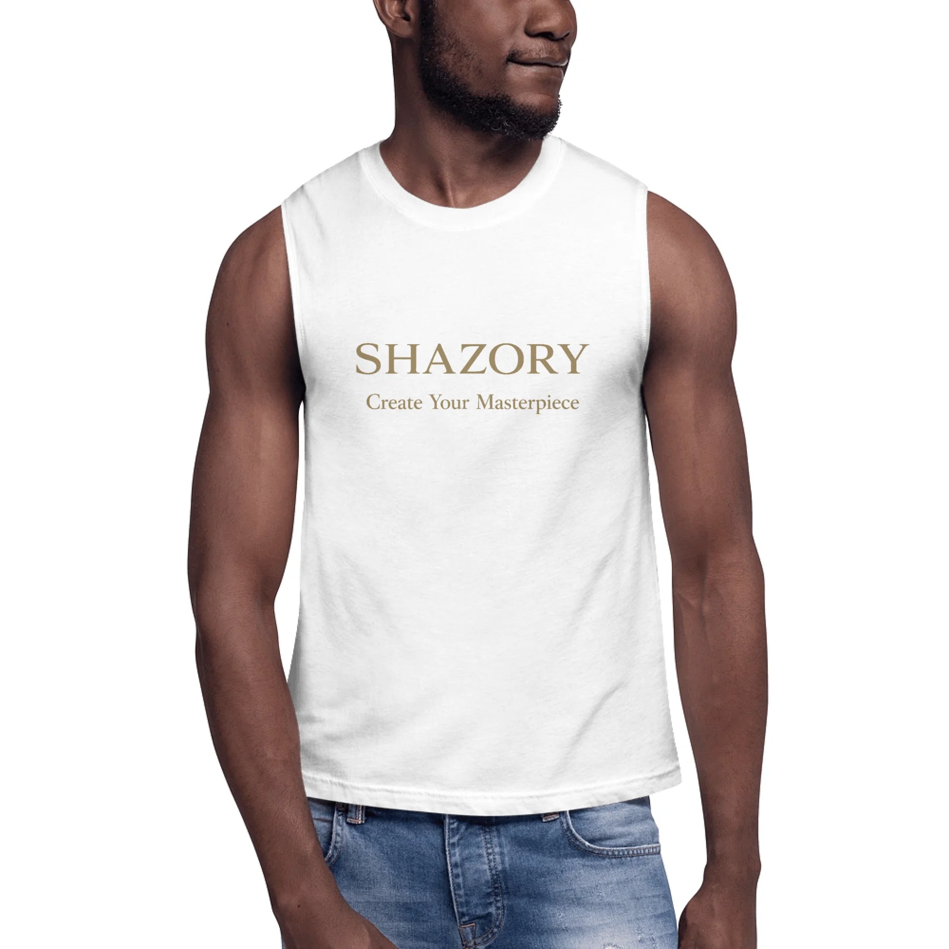 Close-up detail of custom photo print on unisex muscle shirt — muscle shirt surface texture